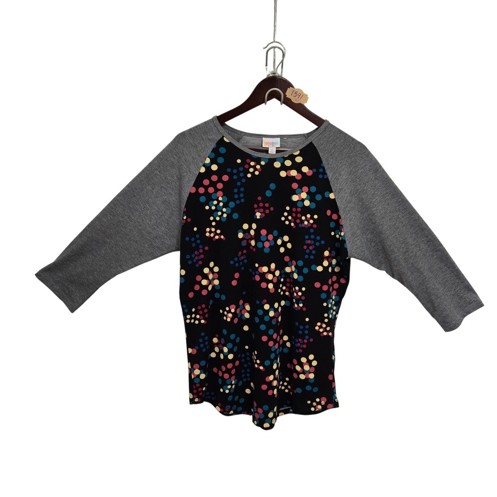 LuLaRoe Randy Baseball Tee Polka Dot Raglan 3/4 Sleeve Gray Black Large